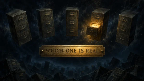 Painting of five identical filing cabinets floating in dark space. Four are cold and sealed, one glows from a half-open drawer, and a brass plaque in front reads WHICH ONE IS REAL.