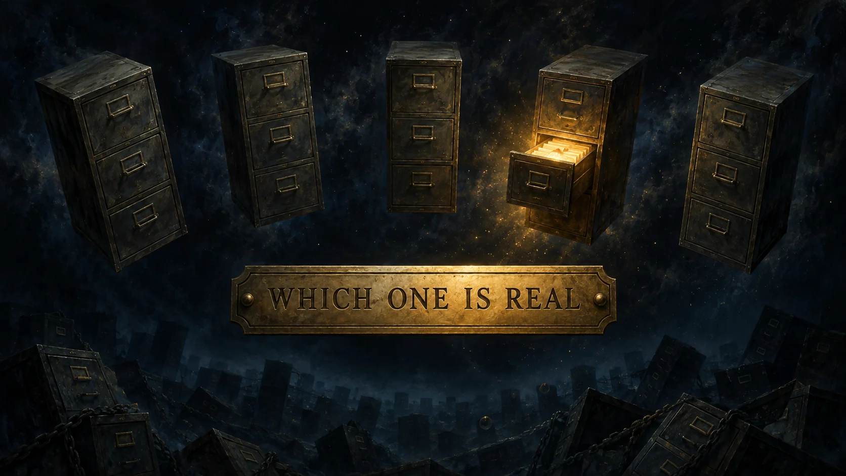 Painting of five identical filing cabinets floating in dark space. Four are cold and sealed, one glows from a half-open drawer, and a brass plaque in front reads WHICH ONE IS REAL.