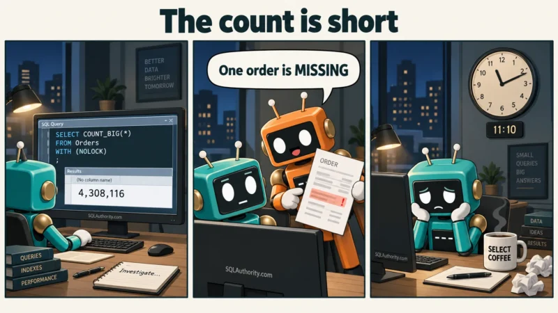 Dex runs a NOLOCK count that comes back one order short. Owen raises the alarm while Dex checks the time.