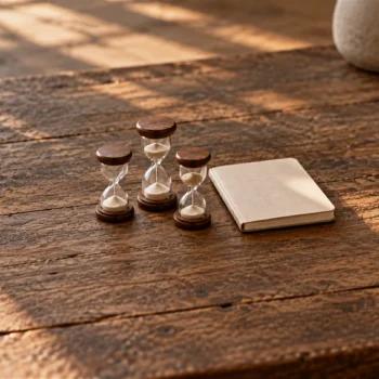 Three plain hourglasses with different sand levels stand beside a closed notebook on a wooden desk.