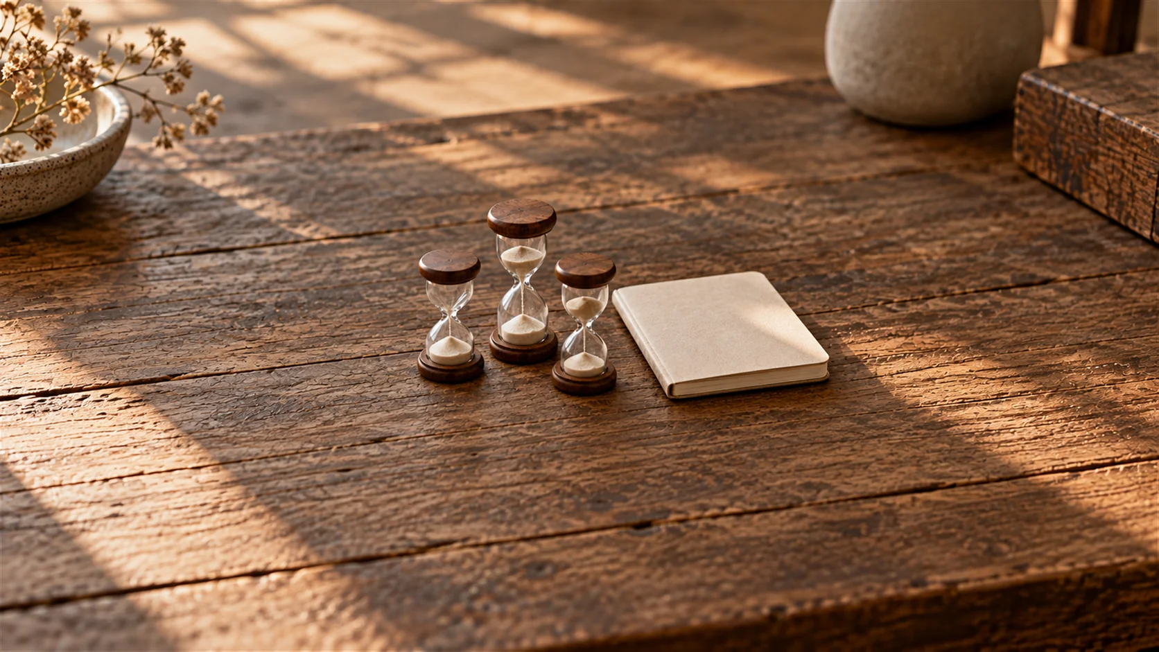 Three plain hourglasses with different sand levels stand beside a closed notebook on a wooden desk.