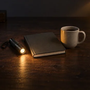 A small flashlight beside a closed notebook and plain ceramic mug on a dim wooden desk.
