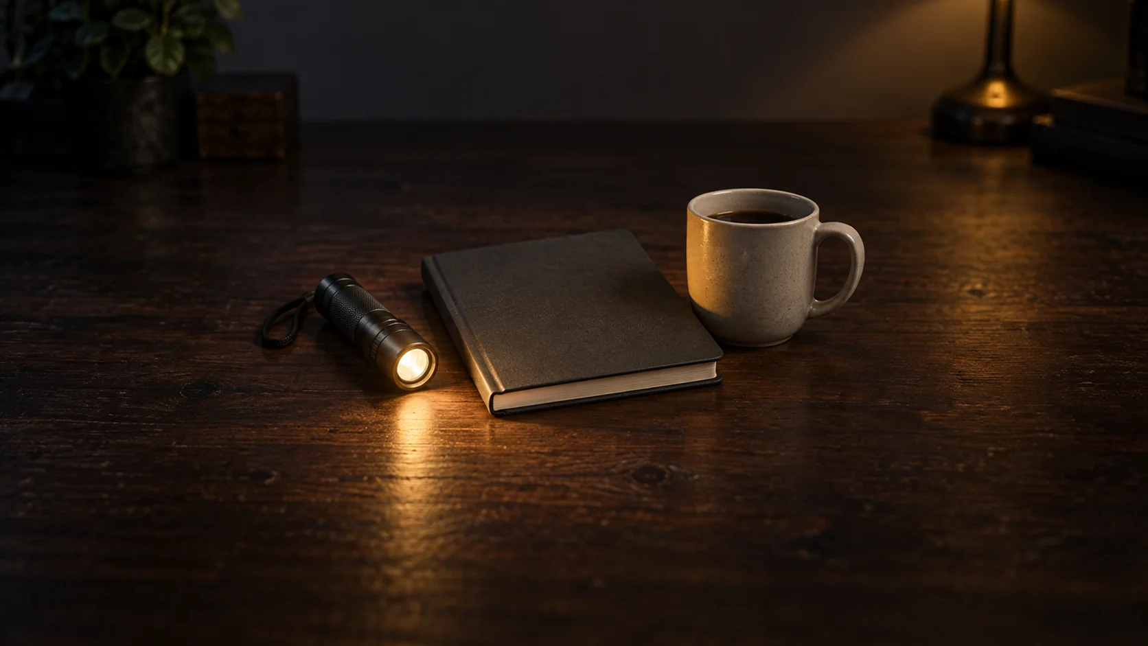 A small flashlight beside a closed notebook and plain ceramic mug on a dim wooden desk.