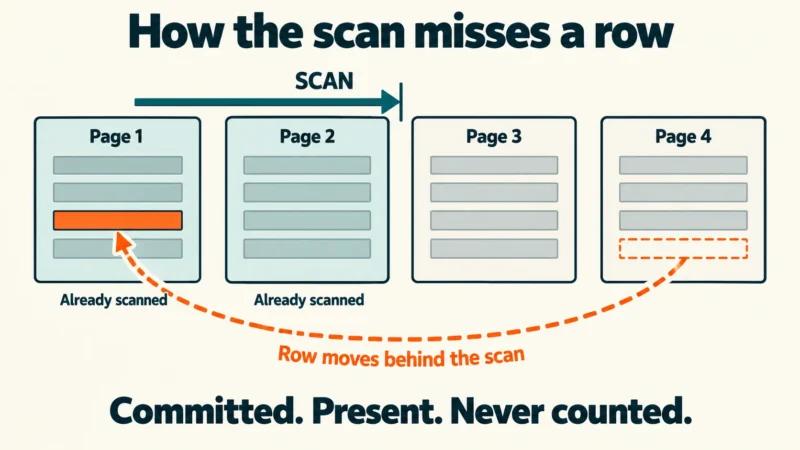 A row moves from page 4 into already scanned page 1, so the forward scan misses it.