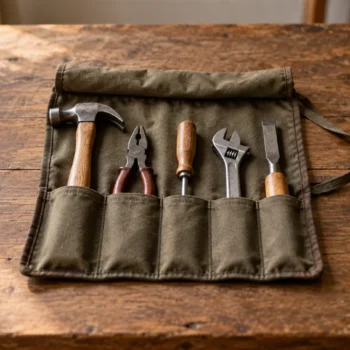 A neatly arranged small set of plain hand tools resting in an open canvas tool roll on wood.