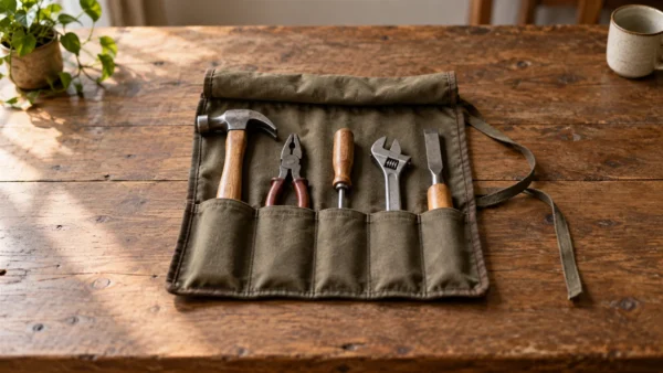 A neatly arranged small set of plain hand tools resting in an open canvas tool roll on wood.