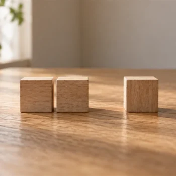 Three small plain wooden blocks and a single empty space arranged neatly on an oak tabletop.