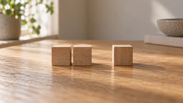 Three small plain wooden blocks and a single empty space arranged neatly on an oak tabletop.