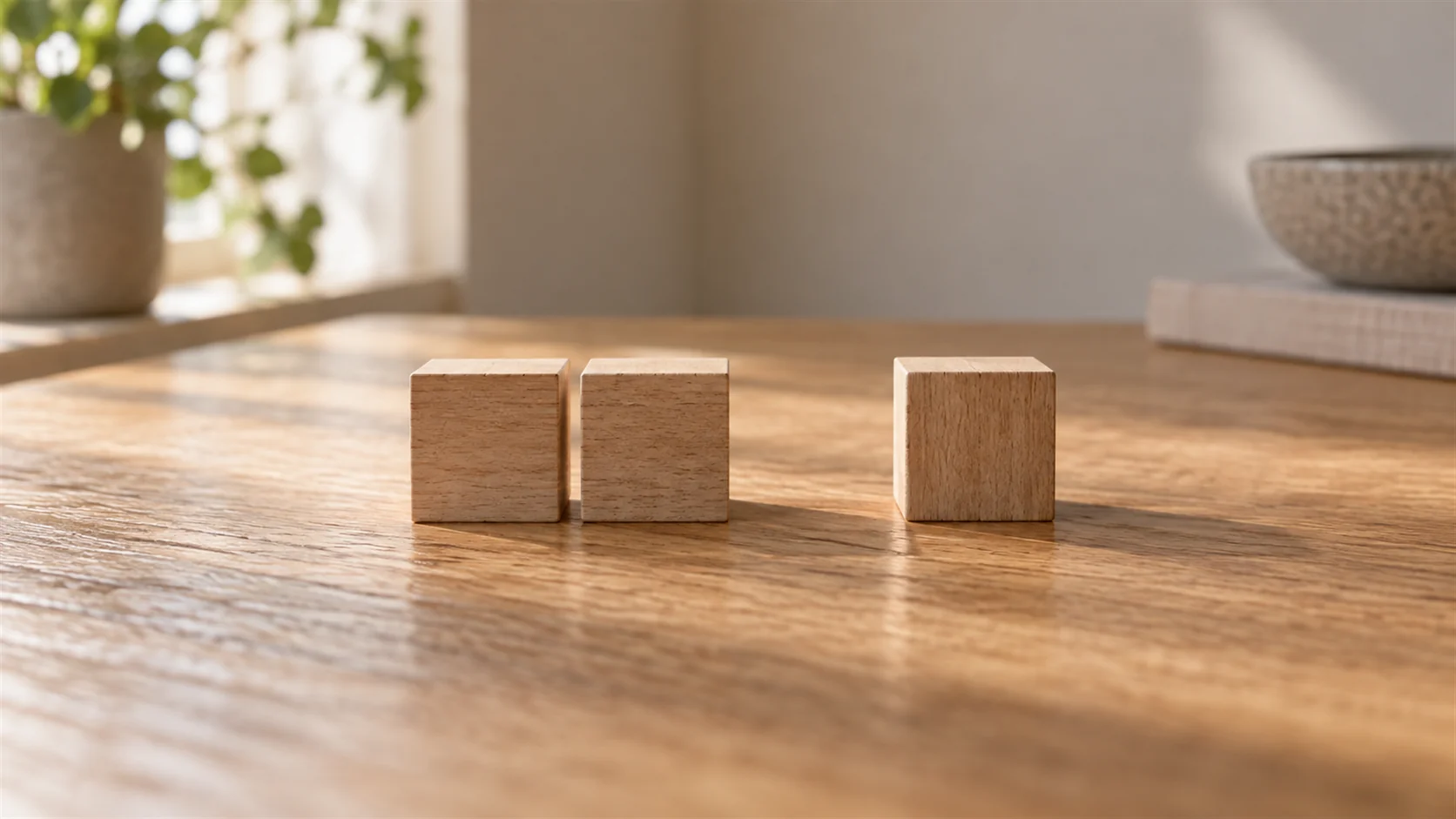 Three small plain wooden blocks and a single empty space arranged neatly on an oak tabletop.