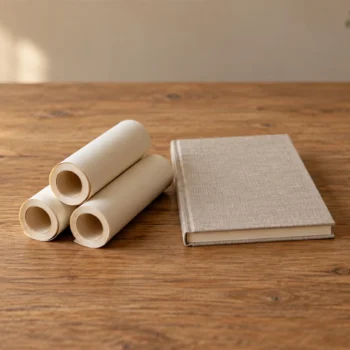 Three rolled paper sheets rest beside a plain closed notebook on a warm wooden table.