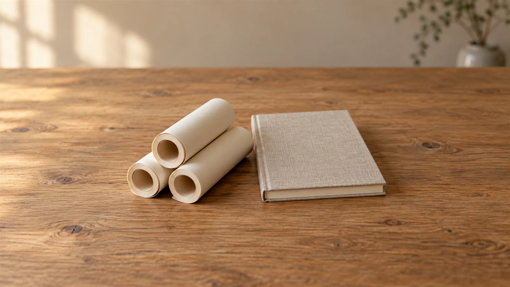 Three rolled paper sheets rest beside a plain closed notebook on a warm wooden table.