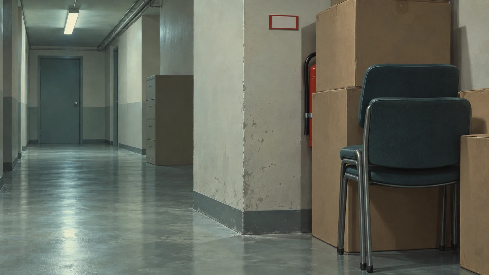 Illustration of a fire extinguisher on a basement corridor wall, almost entirely hidden behind a chest high stack of cardboard boxes and two stacked chairs.