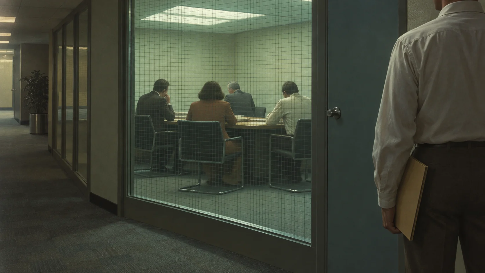 Illustration of a person seen from behind in a dark corridor, holding a folder, looking through wired glass into a lit meeting room where four other people are using it.