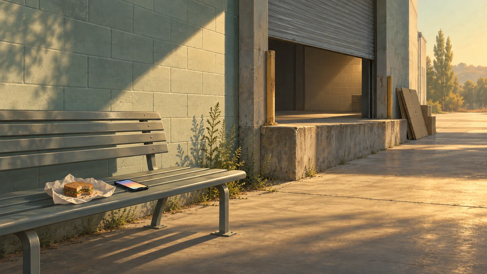 Illustration of an empty metal bench by a concrete loading bay in late summer light, with a half eaten lunch and a phone lying face up with its screen lit.