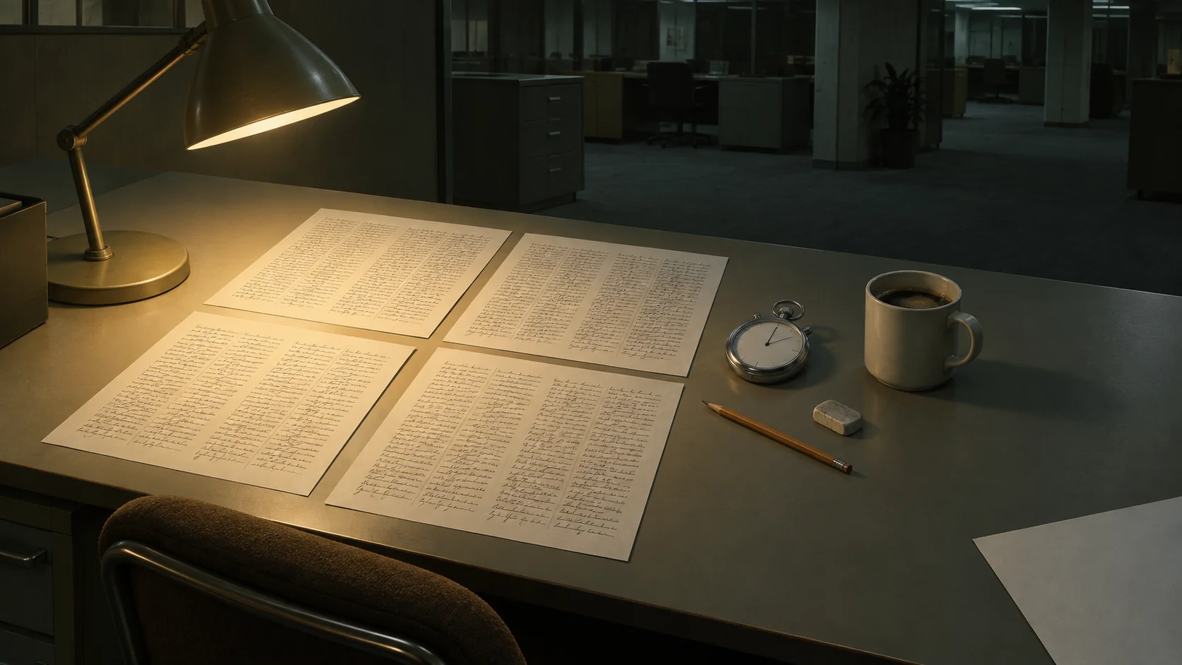 Illustration of an empty desk under one lamp, covered in sheets of handwritten columns, with a stopwatch, a sharpened pencil and a cold coffee, and a printed sheet lying face down at the edge.