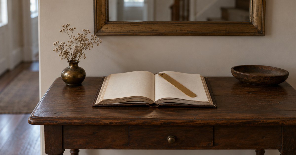 A thick bound volume open flat with a brass page marker across it