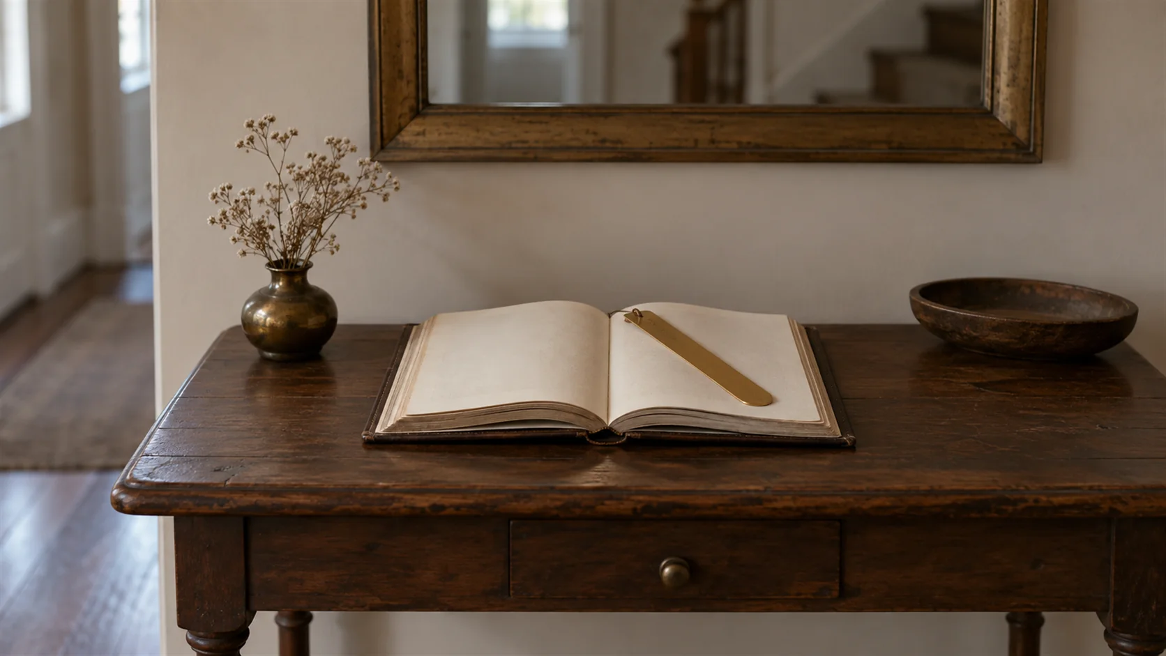 A thick bound volume open flat with a brass page marker across it