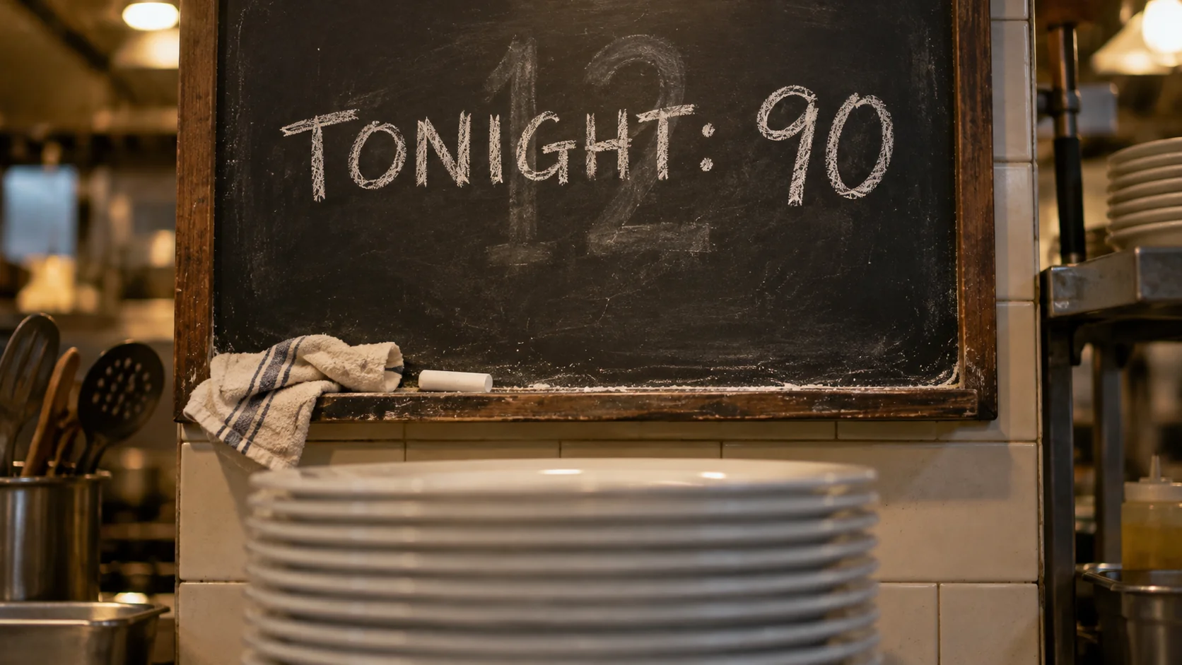 A kitchen chalkboard with the old number 12 wiped out and TONIGHT: 90 written fresh over it, above a tall new stack of plates