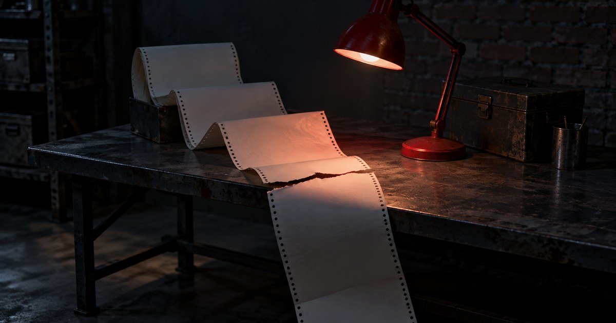 Torn continuous printer paper spilling off a bench under a red desk lamp