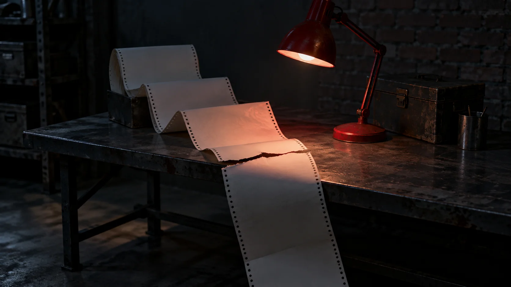Torn continuous printer paper spilling off a bench under a red desk lamp