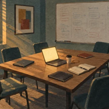 Painted illustration of an empty meeting room, chairs pushed back from the table, one glowing laptop and a cold cup of coffee, with an old sprint plan still on the whiteboard and DO NOT ERASE written in the corner.