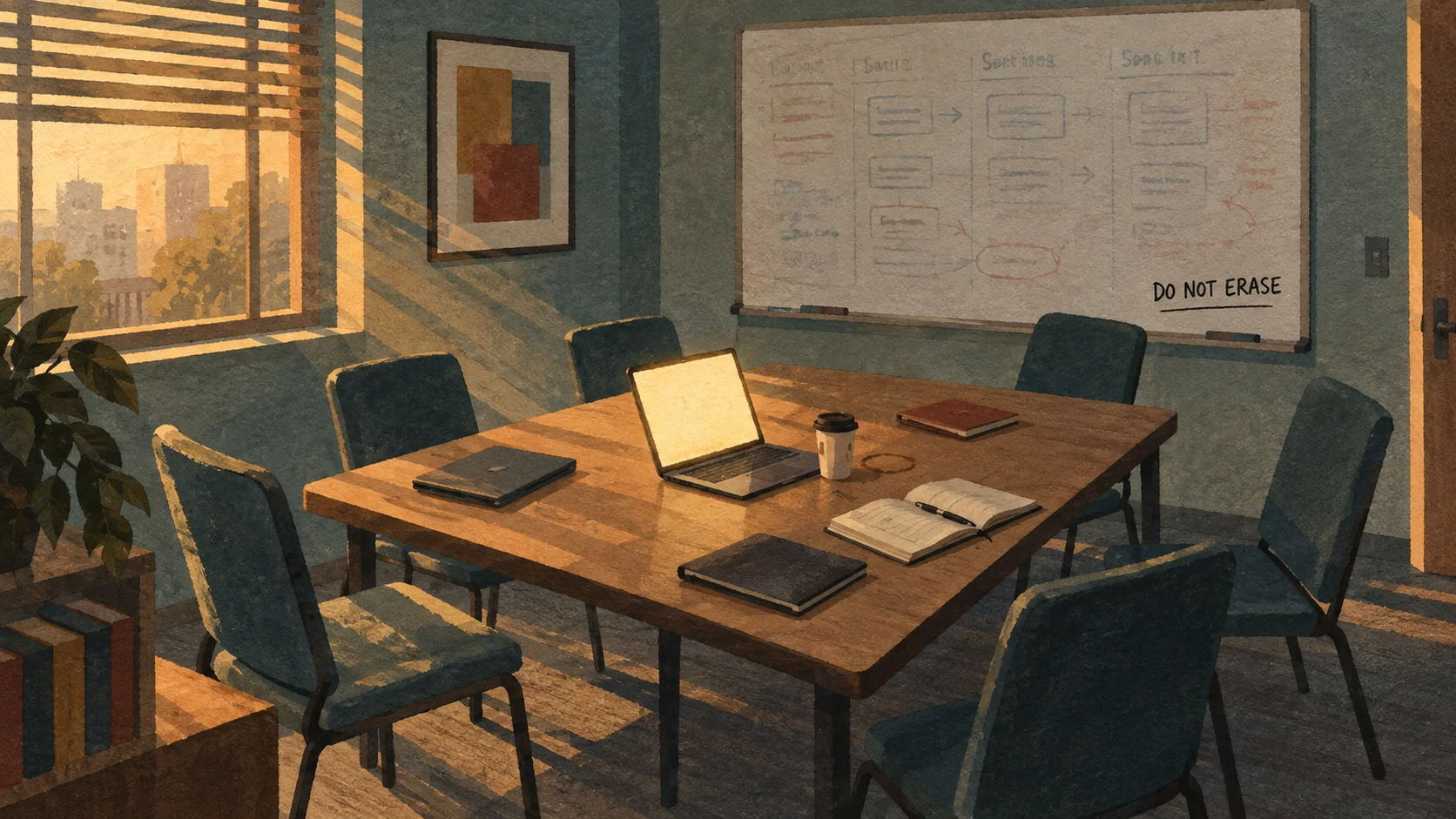 Painted illustration of an empty meeting room, chairs pushed back from the table, one glowing laptop and a cold cup of coffee, with an old sprint plan still on the whiteboard and DO NOT ERASE written in the corner.