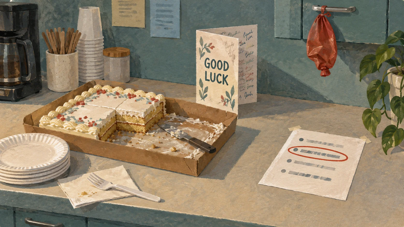 Painted illustration of a half-eaten farewell cake on an office counter, a signed card standing open with GOOD LUCK on the front, and a printed page beside it with one line circled in red.