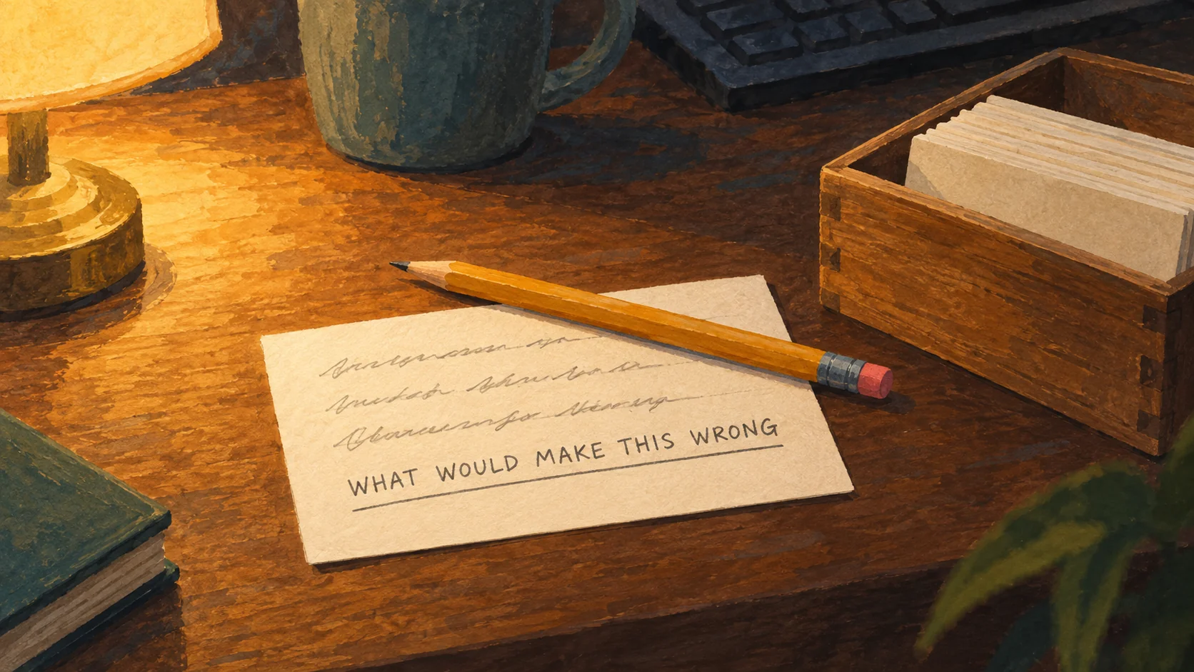Painted illustration of an index card on a desk under a warm lamp, four handwritten lines on it, the fourth one legible and underlined: WHAT WOULD MAKE THIS WRONG.