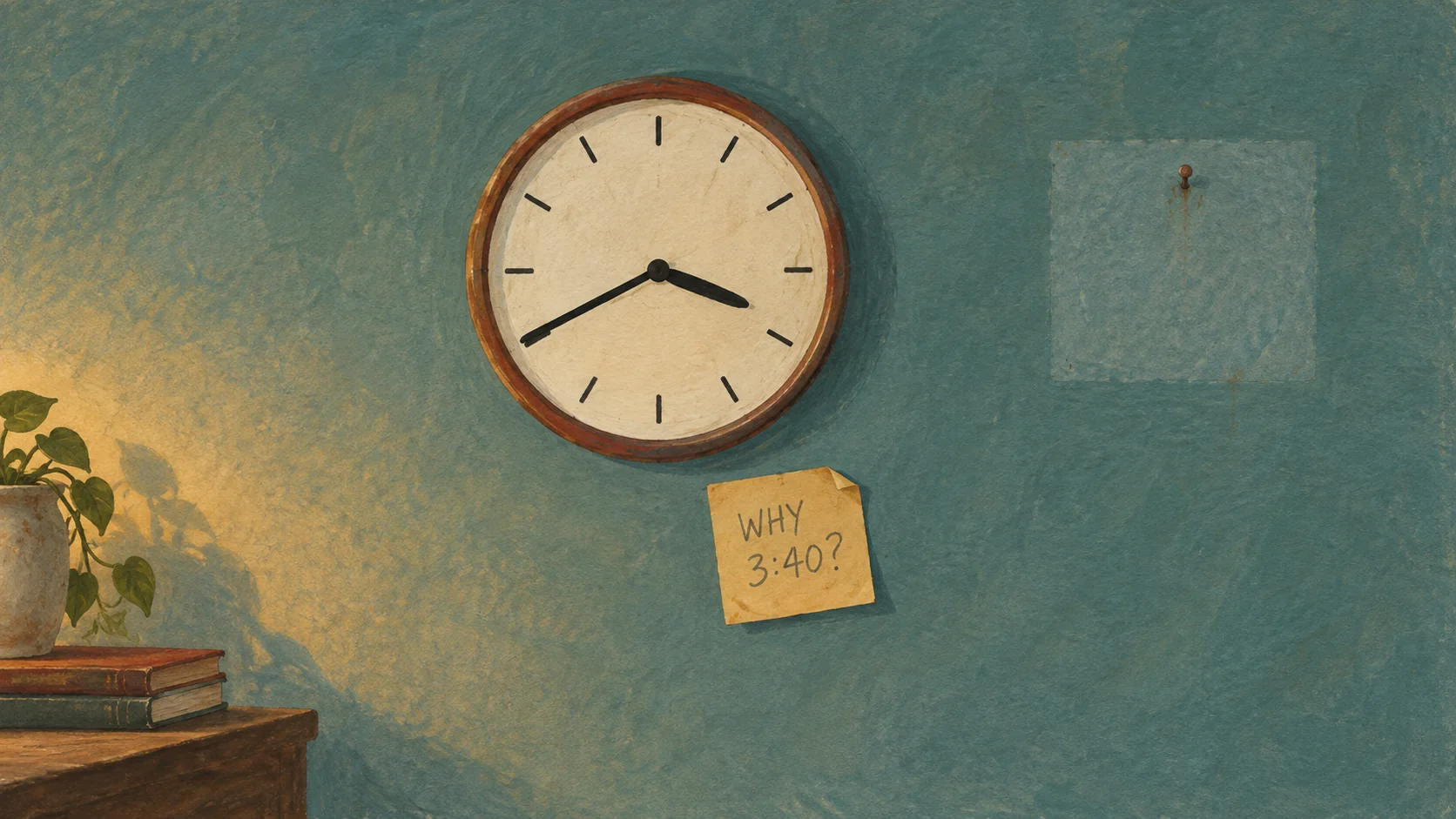 Painted illustration of a plain office wall clock reading twenty minutes to four, with a curling pencil sticky note underneath it that reads WHY 3:40?