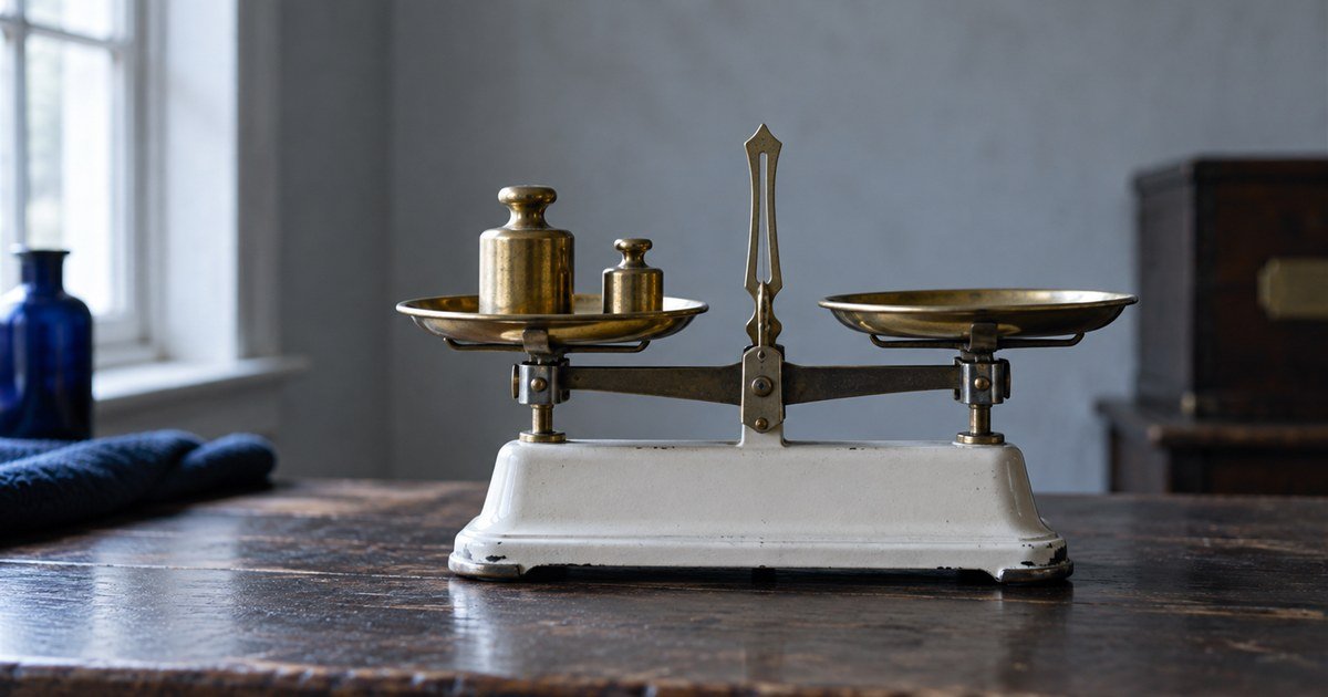 Two brass balance weights of different size on a laboratory balance