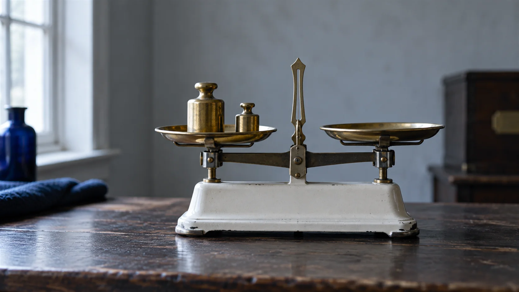 Two brass balance weights of different size on a laboratory balance
