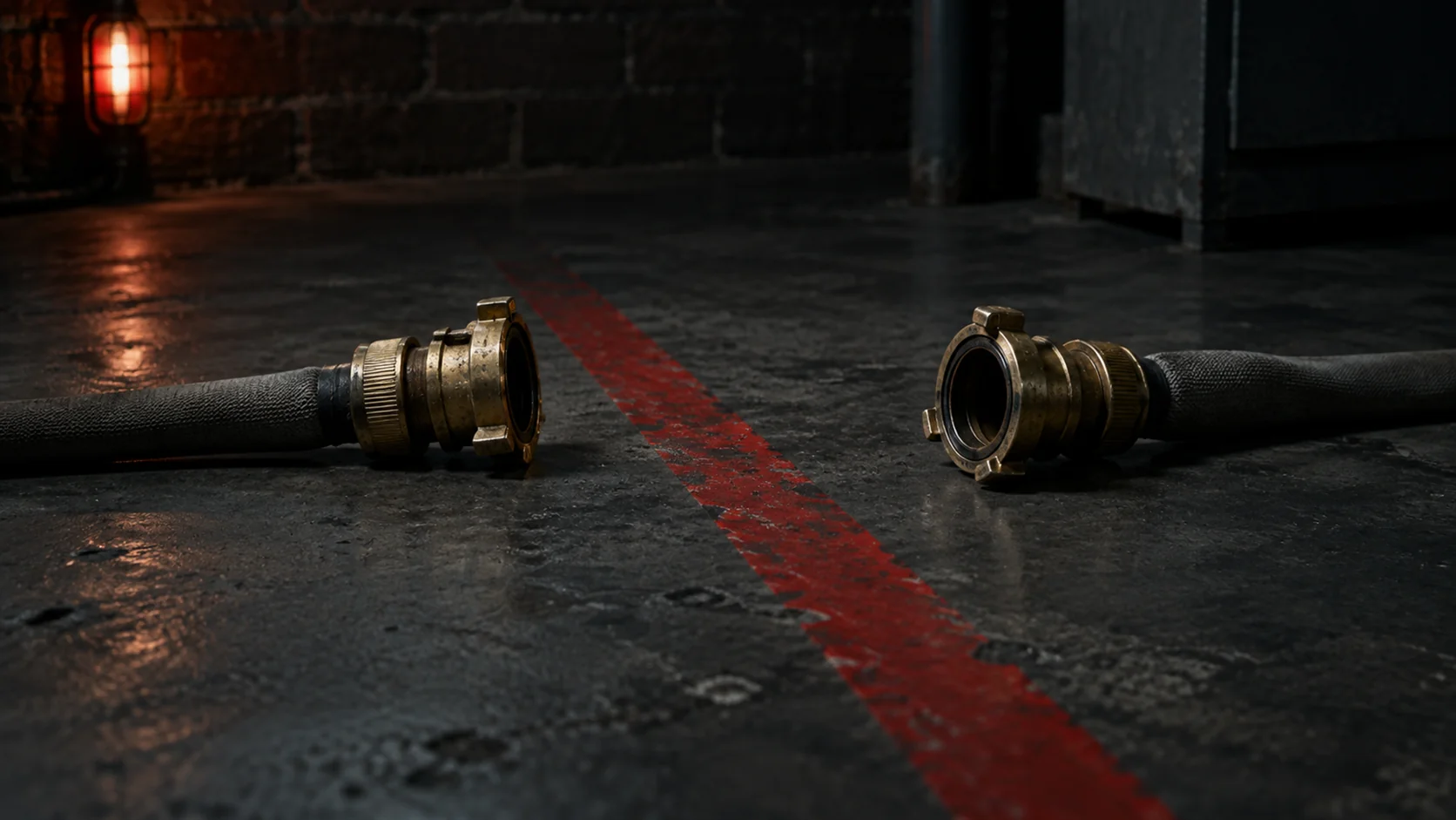 Two disconnected brass couplings lying apart across a red painted floor line