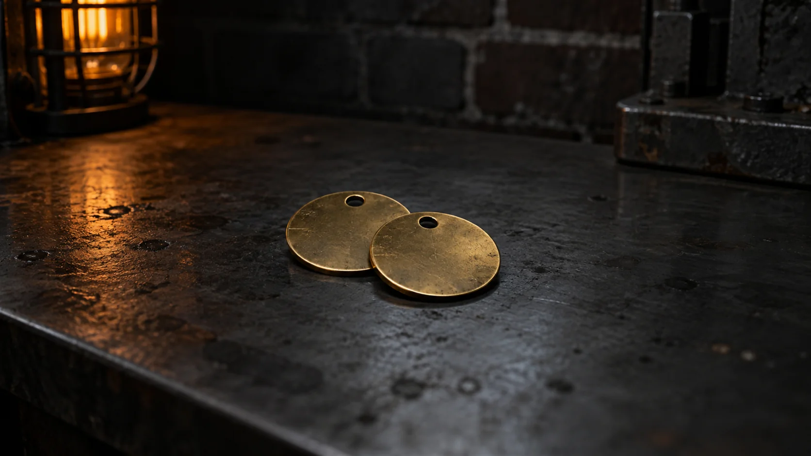Two identical plain brass discs lying overlapped on a dark oiled steel bench