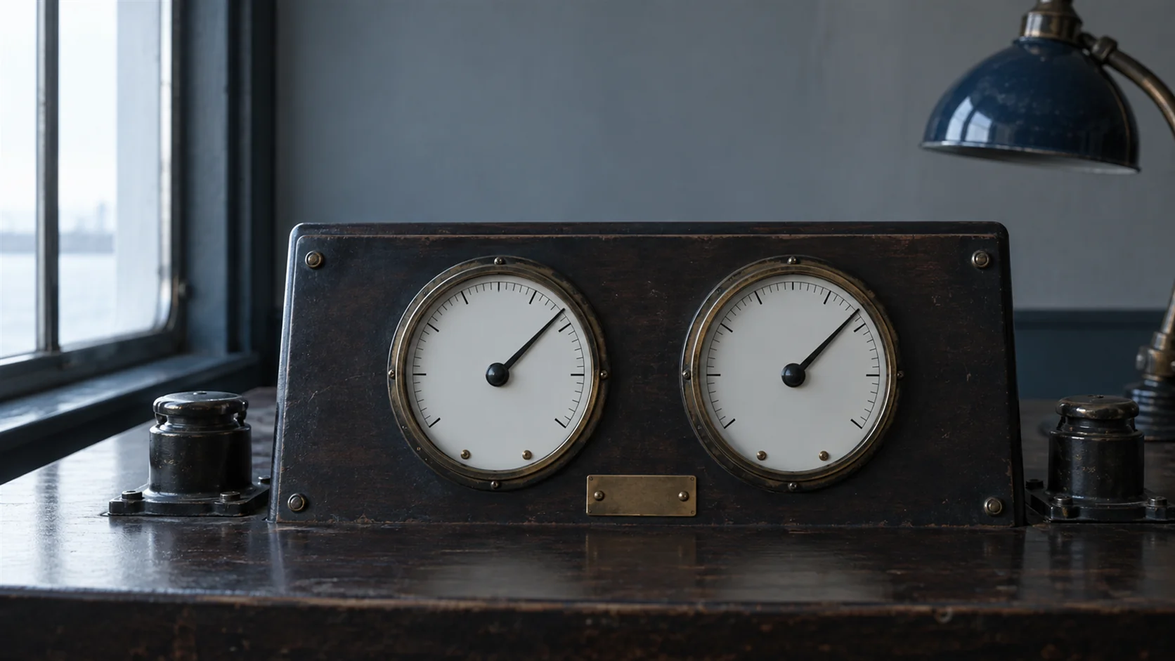 Two matching enamel dials side by side in a dark wooden case on a bench