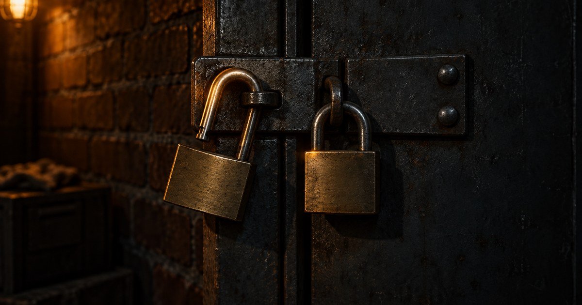 Two padlocks on a steel hasp, one hanging open and one closed