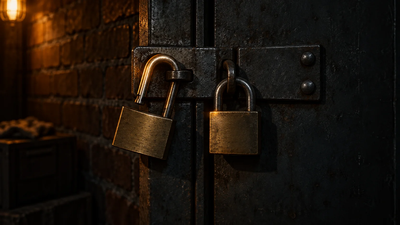 Two padlocks on a steel hasp, one hanging open and one closed