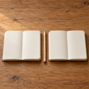 Two plain notebooks lie open with blank pages and a wooden pencil between them.