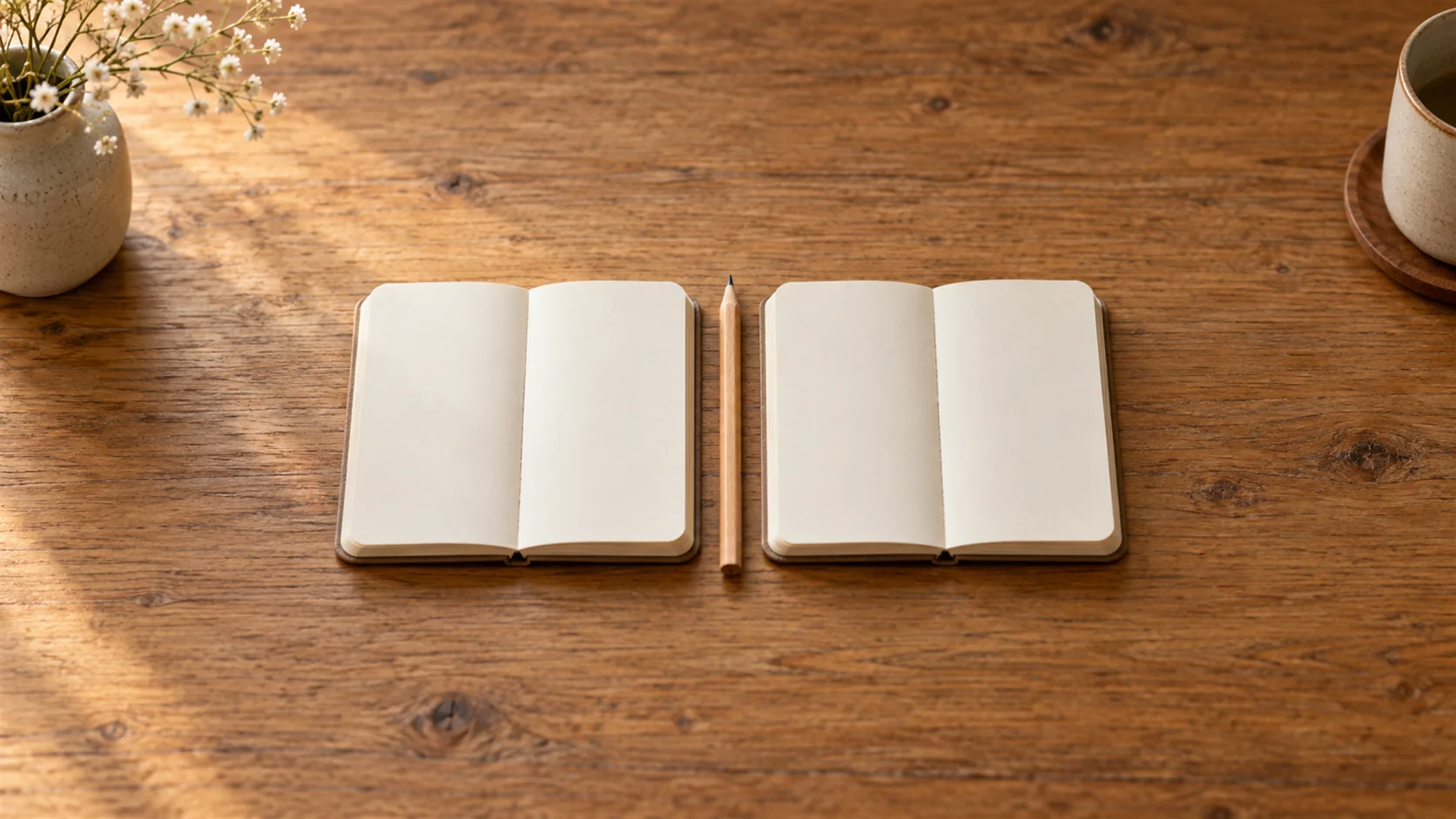 Two plain notebooks lie open with blank pages and a wooden pencil between them.