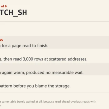 Profile card for PAGEIOLATCH_SH. Blamed for slow disks. Actually means the query is waiting for a page read to finish. Caused by scattered reads on a cold cache. What to do: look at the access pattern before you blame the storage.