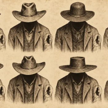Old west poster illustration of eight slightly different outlaw sketches, faces hidden under hat brims, each with the same distinctive tear on the sleeve, and a pencil circle drawn around that tear.