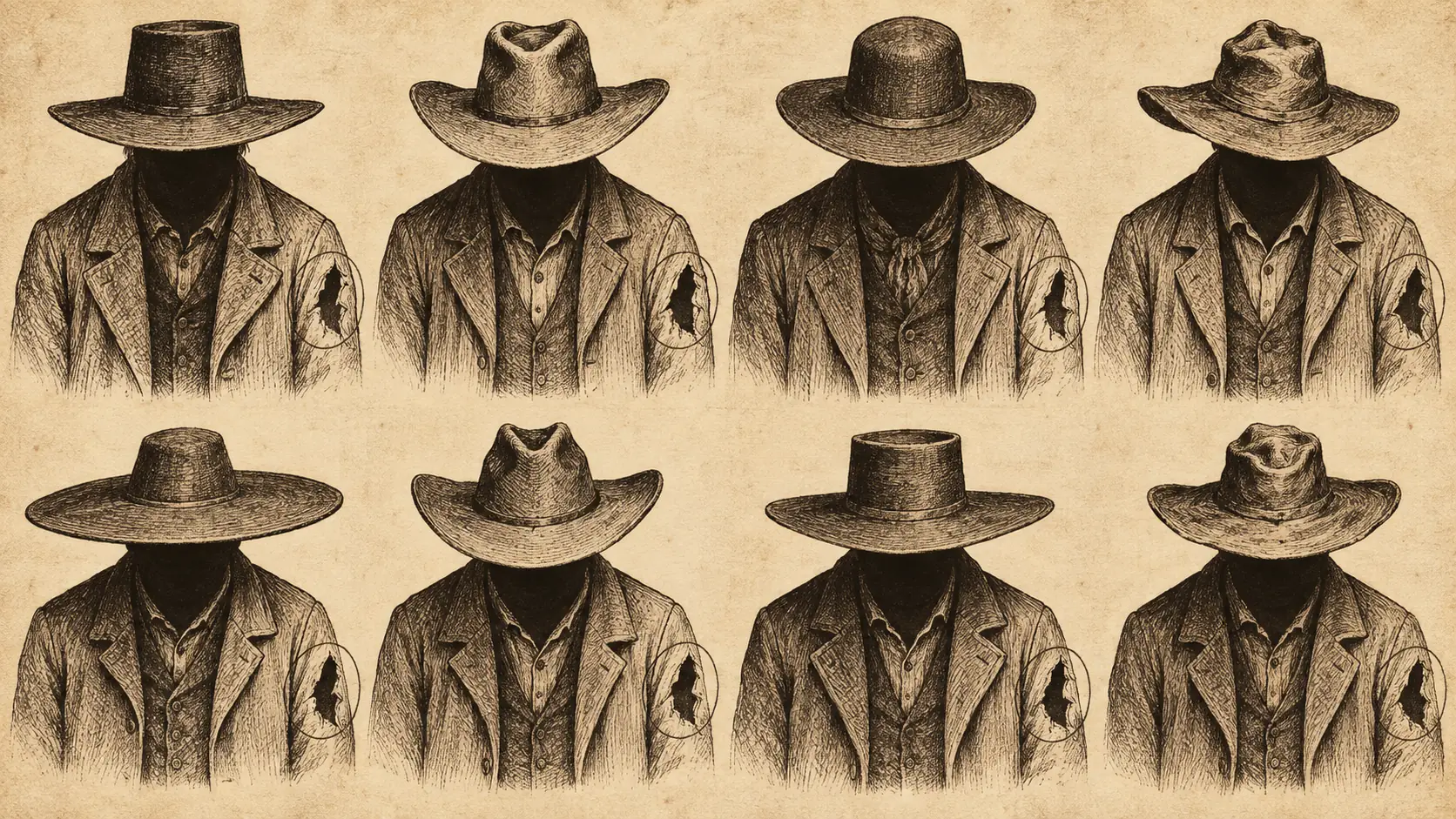 Old west poster illustration of the query that ran at 3 a.m. as eight slightly different outlaw sketches, faces hidden under hat brims, each with the same distinctive tear on the sleeve, and a pencil circle drawn around that tear.