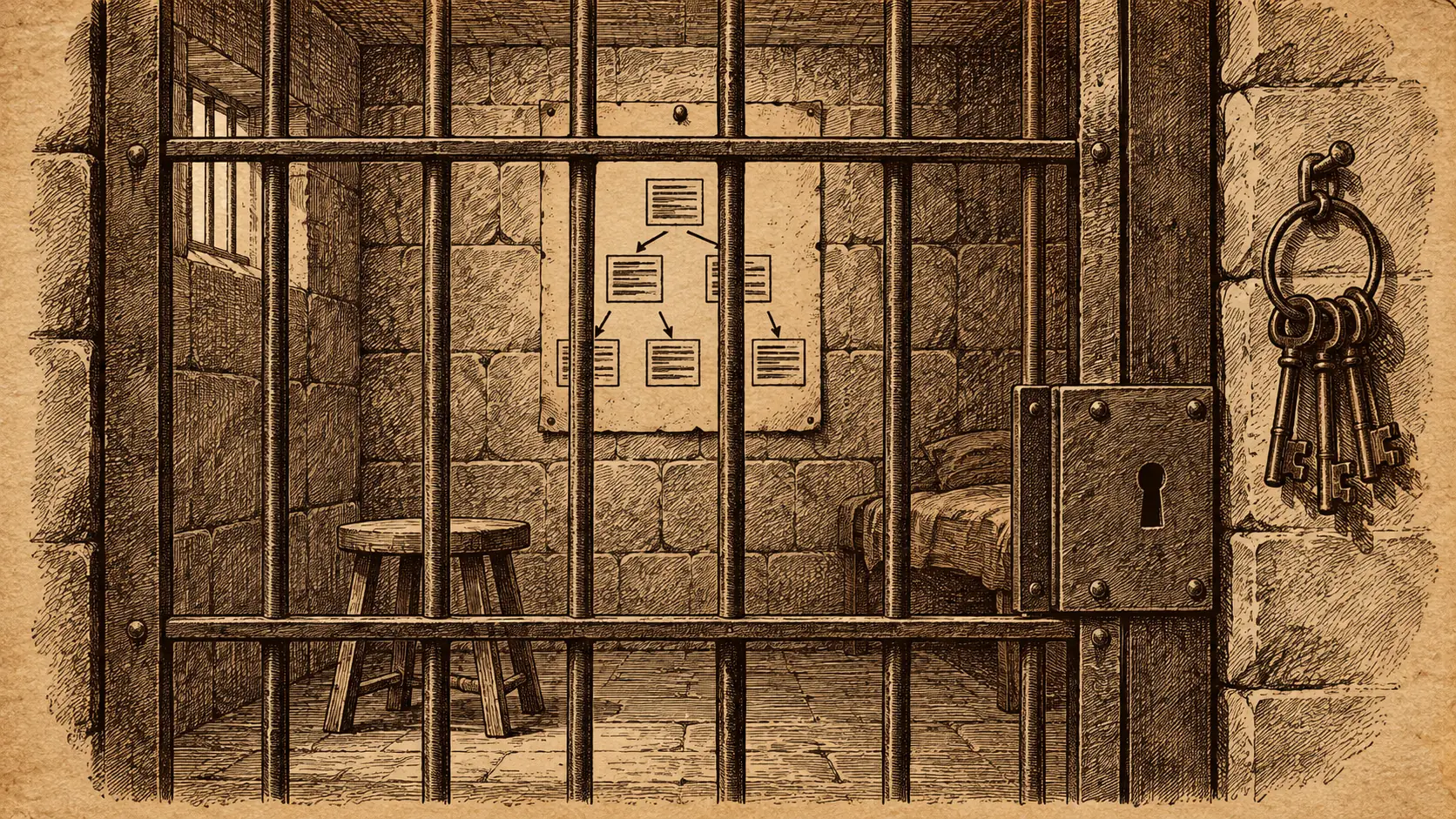 Old west poster illustration of a small jail cell with a printed execution plan behind the bars.