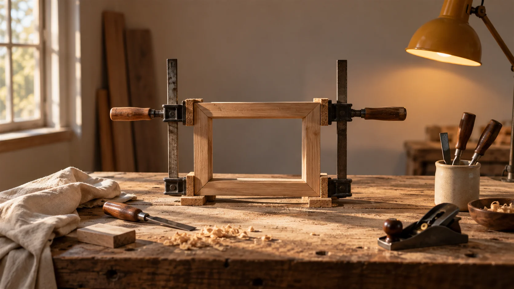 A workshop bench at the weekend with a single lamp on and a half-finished wooden frame clamped in place.