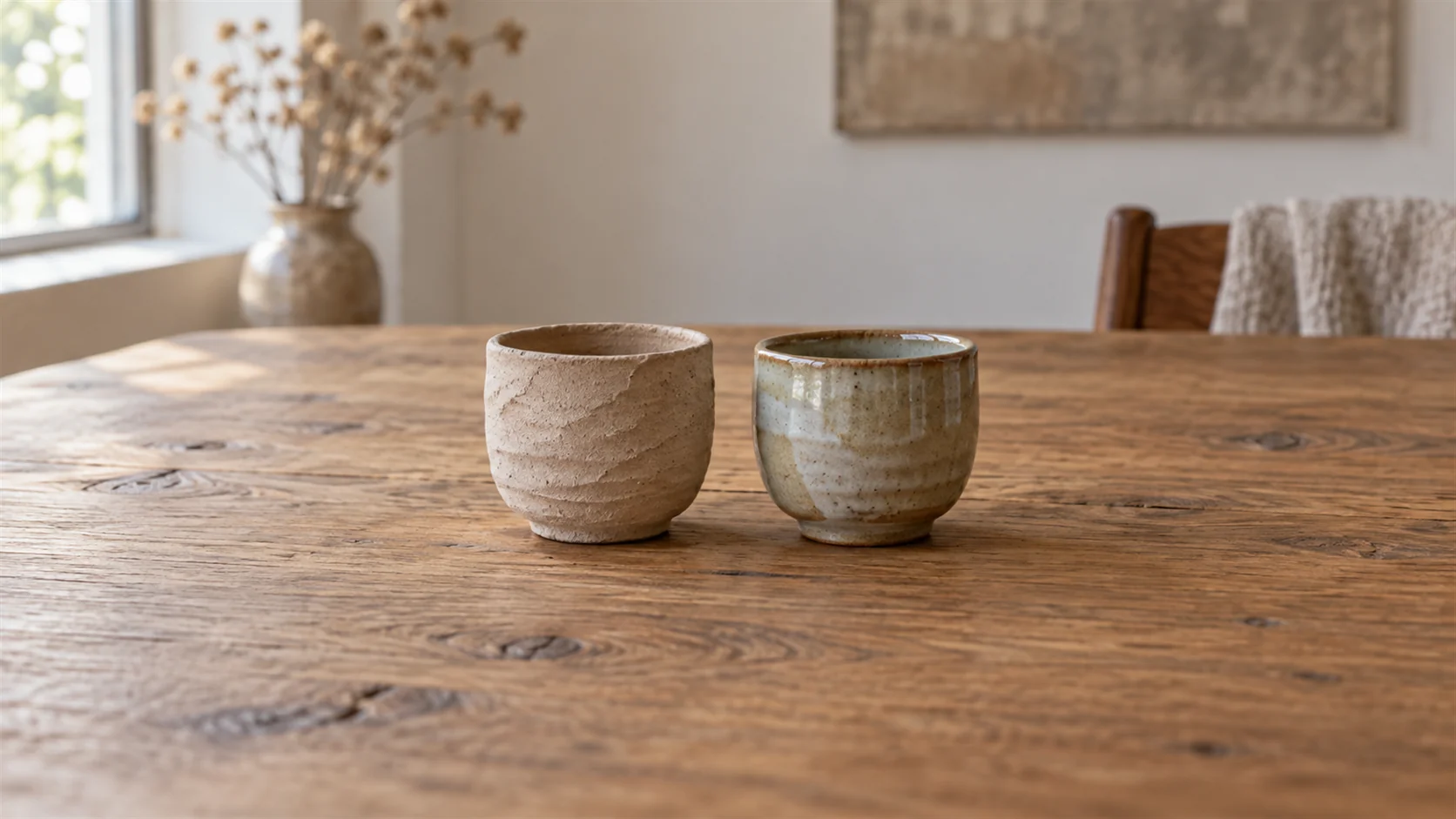 An unfinished clay cup sits beside a smooth finished cup on a potter's workbench.