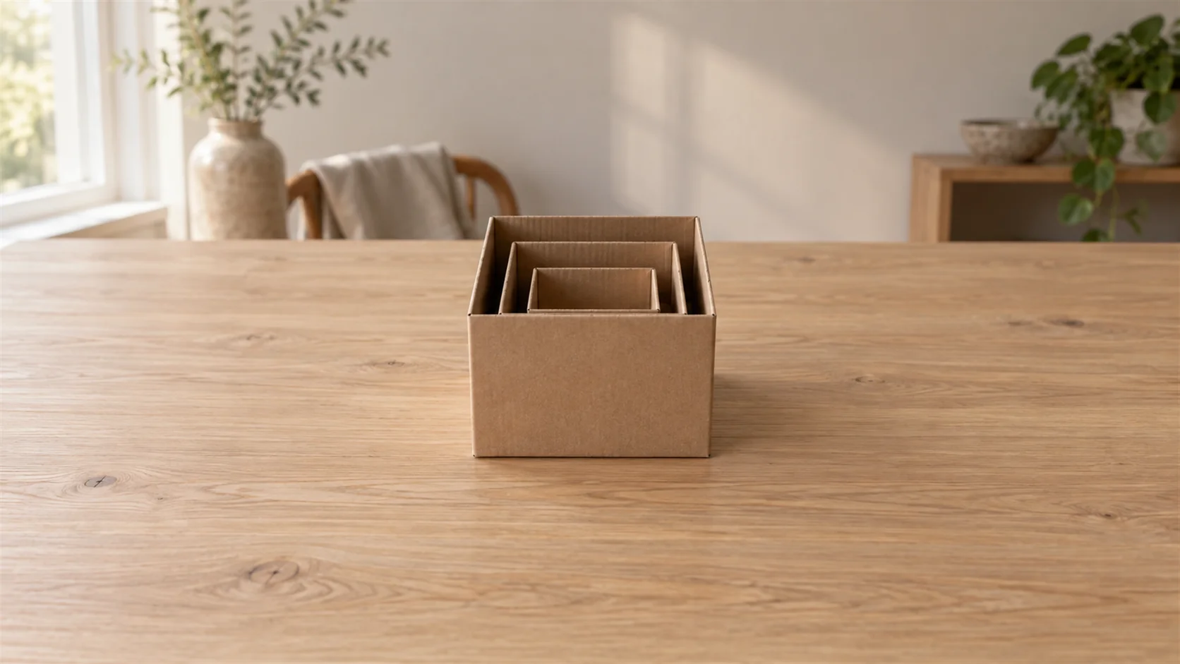 Several plain cardboard boxes nest inside each other on a softly lit wooden tabletop.