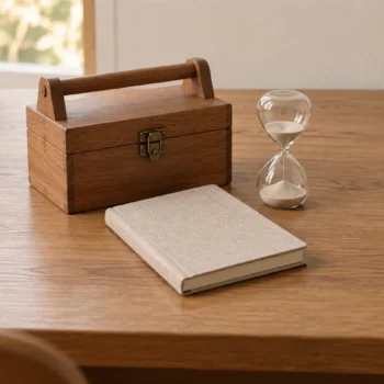 A plain toolbox beside a closed notebook and small hourglass on a neatly arranged wooden desk.
