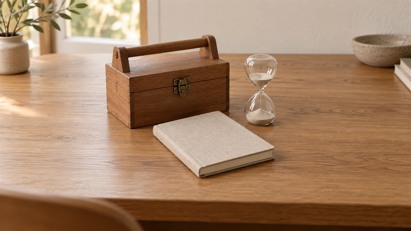 A plain toolbox beside a closed notebook and small hourglass on a neatly arranged wooden desk.