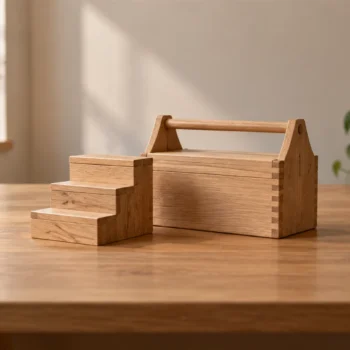 A small wooden staircase model beside a plain closed toolbox in soft natural window light.