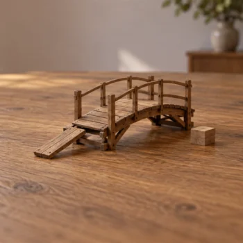 A small wooden bridge model and a separate wooden block rest on a quiet workbench.
