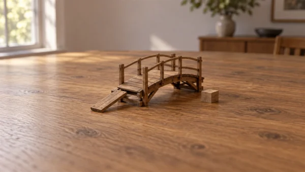 A small wooden bridge model and a separate wooden block rest on a quiet workbench.